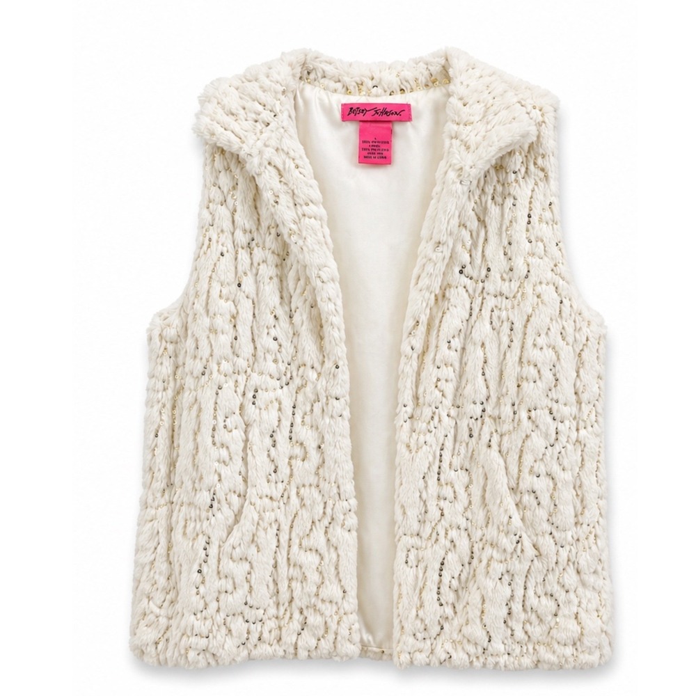 Betsey Johnson Faux Fur Sequin Vest Ivory Gold Glam Womens Large Y2K